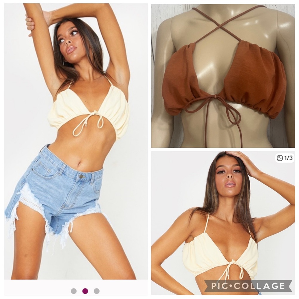 PrettyLittleThing Burnt Orange Crepe Ruched Tie Front Bralet Halter crop top